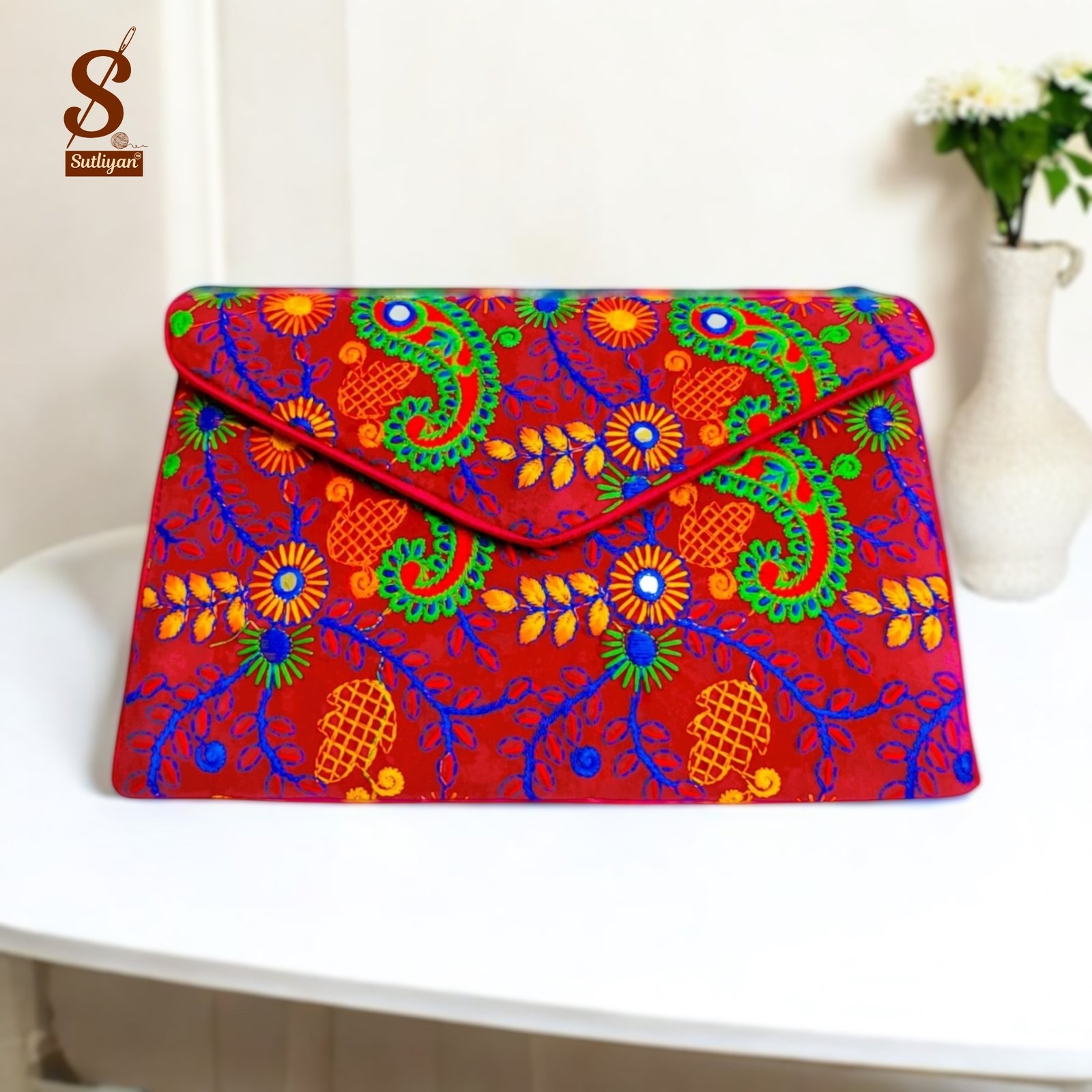 SUTLIYAN Women's Rajasthani Handmade Flower Embroidery Regular Pink Clutch Bag