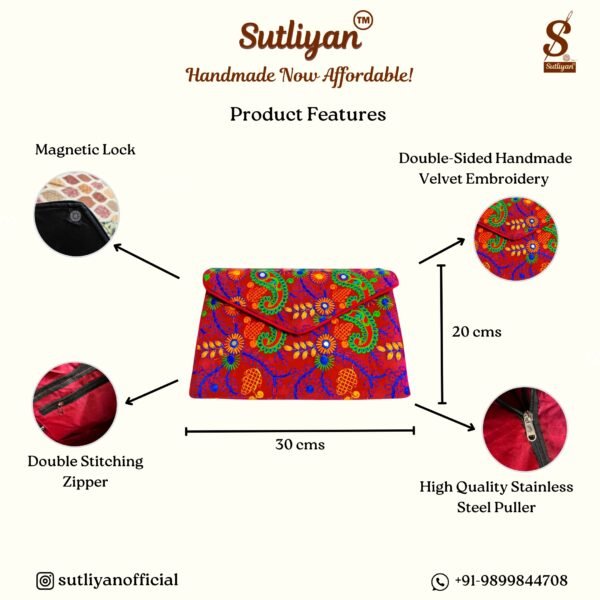 SUTLIYAN Women's Rajasthani Handmade Flower Embroidery Regular Pink Clutch Bag