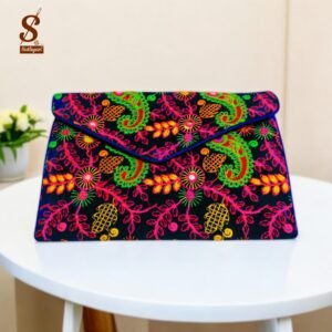 SUTLIYAN Women's Rajasthani Handmade Flower Embroidery Regular Blue Clutch Bag