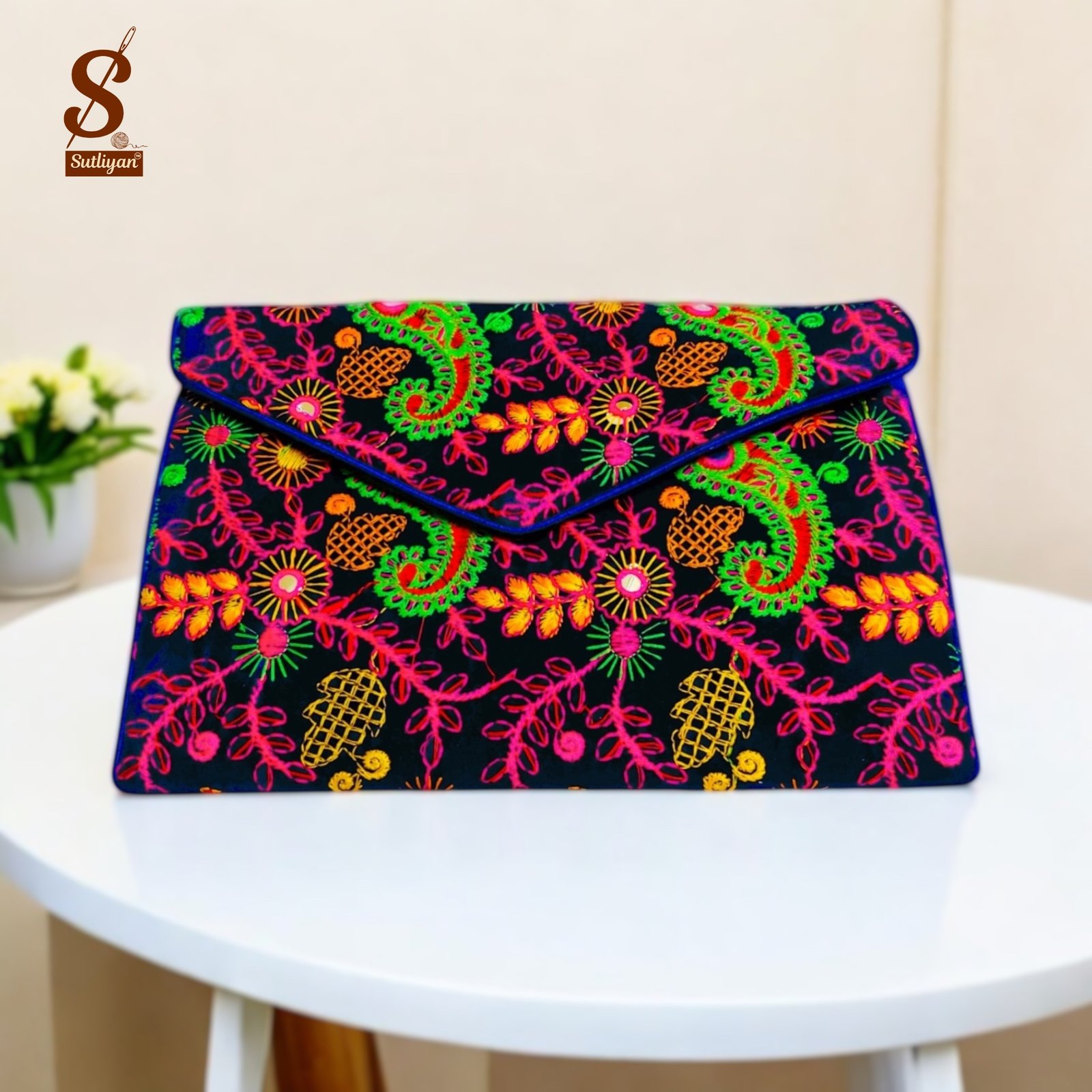 SUTLIYAN Women's Rajasthani Handmade Flower Embroidery Regular Blue Clutch Bag