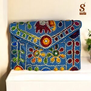 SUTLIYAN Women's Rajasthani Handmade Damru Embroidery Small Sky Blue Clutch Bag