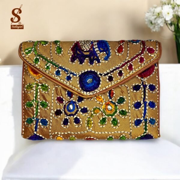 SUTLIYAN Women's Rajasthani Handmade Damru Embroidery Small Yellow Clutch Bag