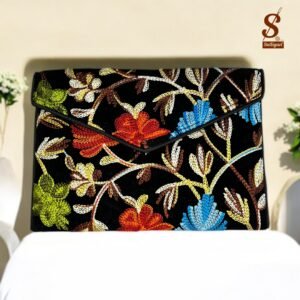 SUTLIYAN Women's Kashmiri Handmade Flower Embroidery Small Black Clutch Bag