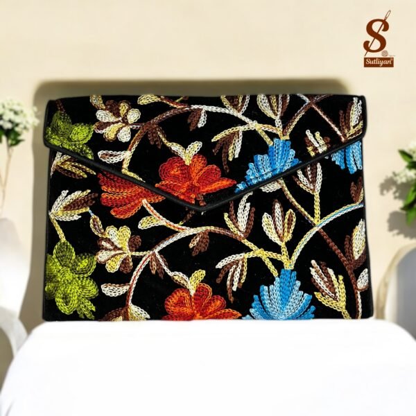 SUTLIYAN Women's Kashmiri Handmade Flower Embroidery Small Black Clutch Bag