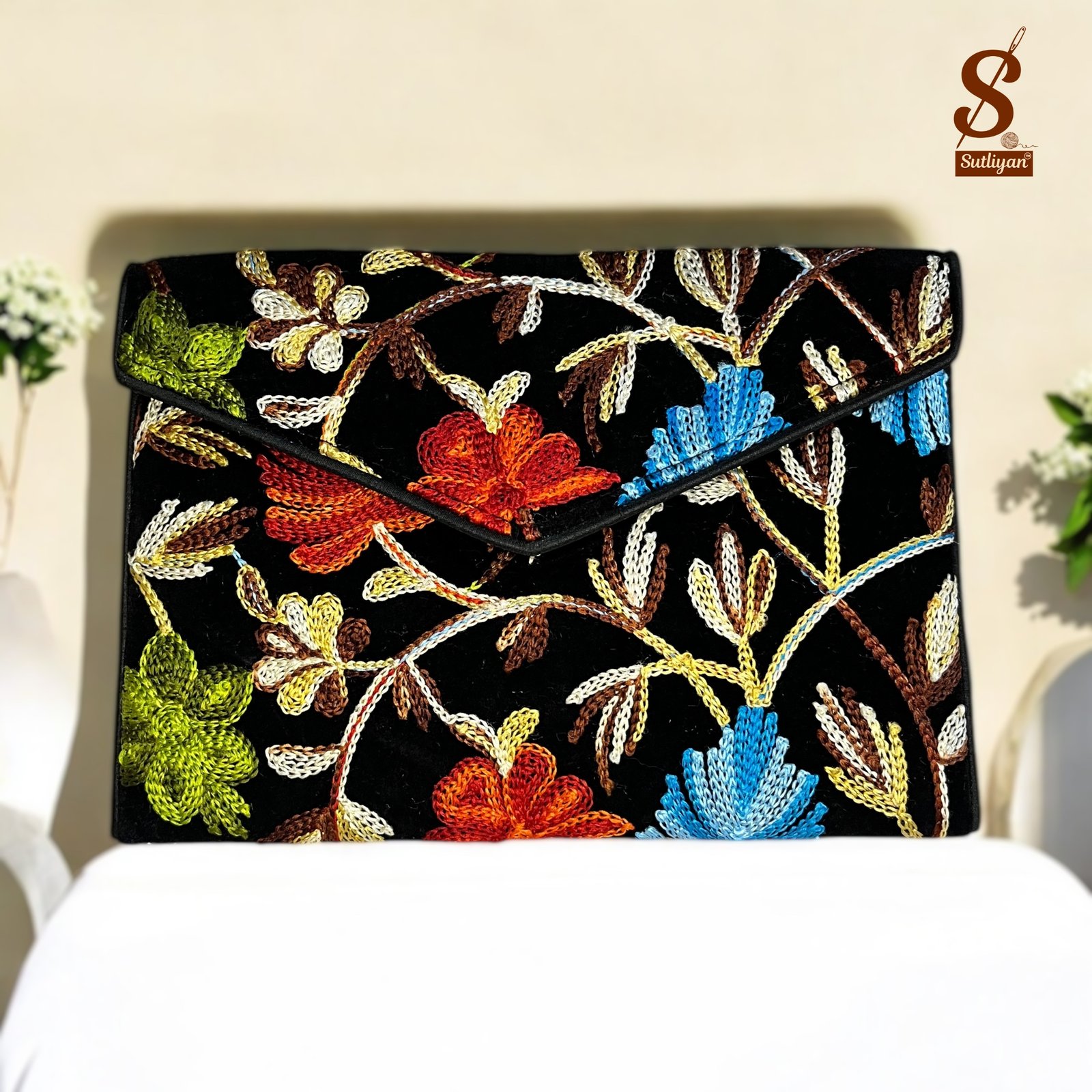 SUTLIYAN Women's Kashmiri Handmade Flower Embroidery Small Black Clutch Bag