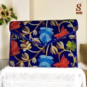 SUTLIYAN Women's Kashmiri Handmade Flower Embroidery Small Blue Clutch Bag