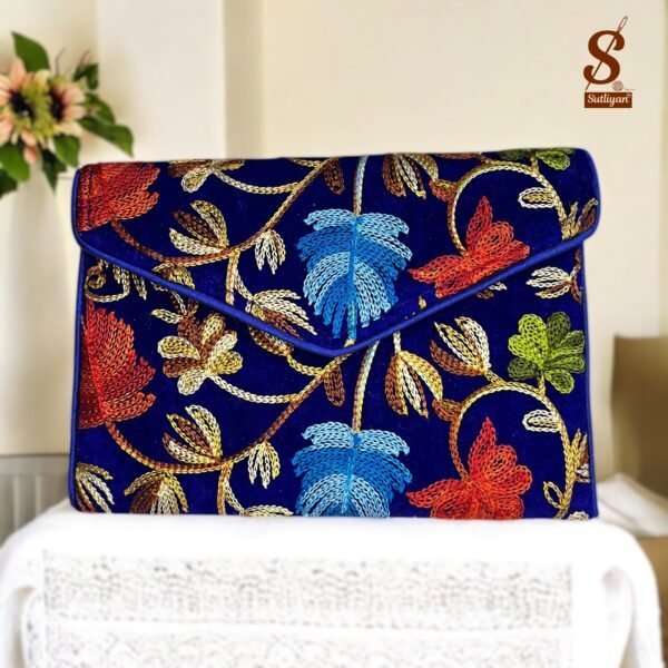 SUTLIYAN Women's Kashmiri Handmade Flower Embroidery Small Blue Clutch Bag