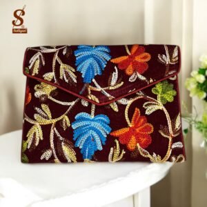 SUTLIYAN Women's Kashmiri Handmade Flower Embroidery Small Maroon Clutch Bag