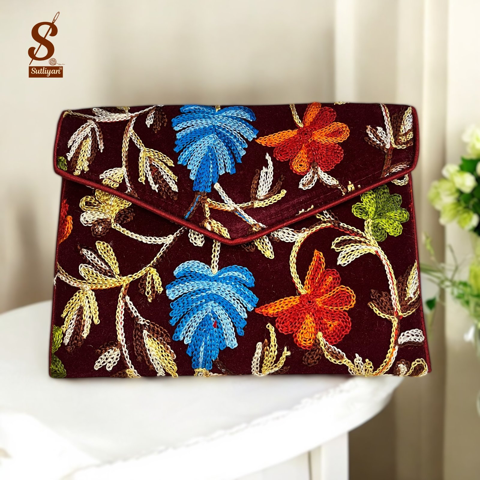 SUTLIYAN Women's Kashmiri Handmade Flower Embroidery Small Maroon Clutch Bag