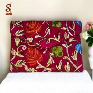 SUTLIYAN Women's Kashmiri Handmade Flower Embroidery Small Pink Clutch Bag