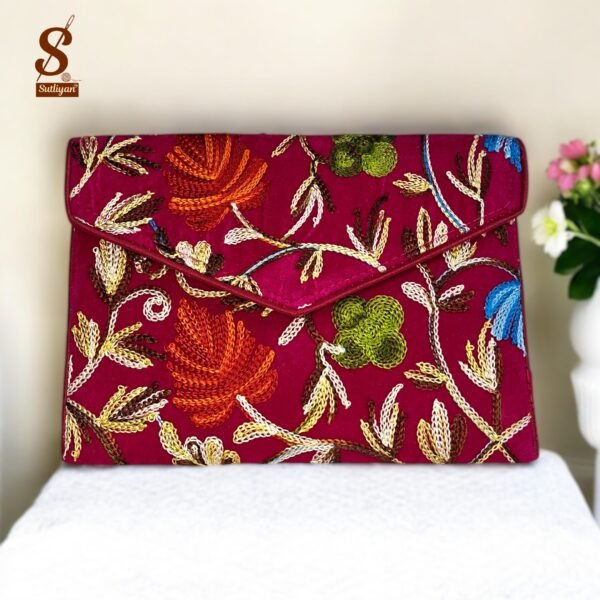 SUTLIYAN Women's Kashmiri Handmade Flower Embroidery Small Pink Clutch Bag