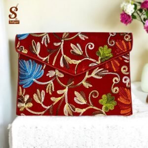 SUTLIYAN Women's Kashmiri Handmade Flower Embroidery Small Red Clutch Bag