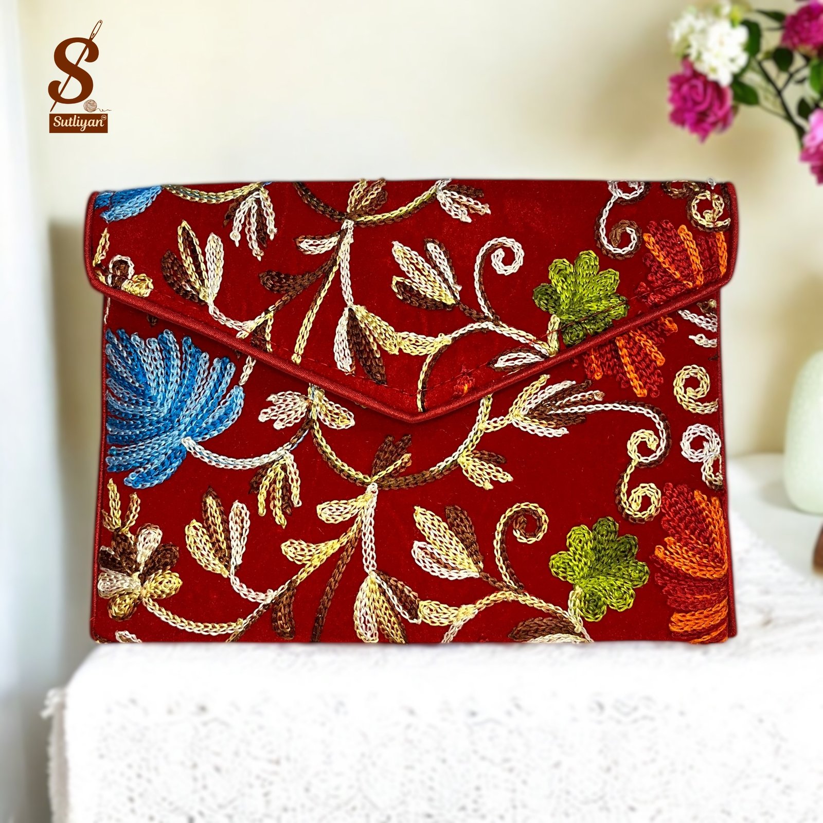 SUTLIYAN Women's Kashmiri Handmade Flower Embroidery Small Red Clutch Bag