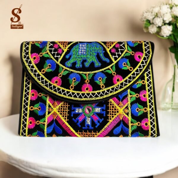 SUTLIYAN Women's Gujarati Handmade Elephant Embroidery Small Black Clutch Bag