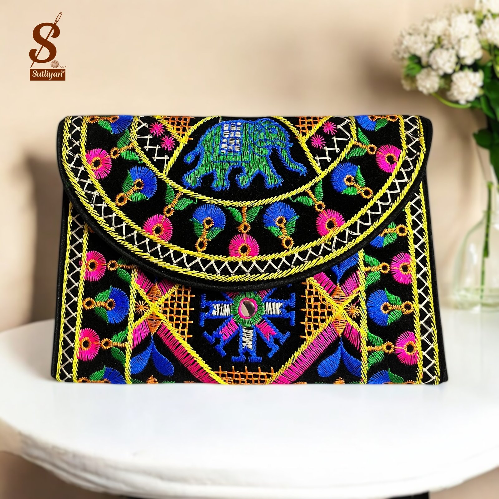SUTLIYAN Women's Gujarati Handmade Elephant Embroidery Small Black Clutch Bag