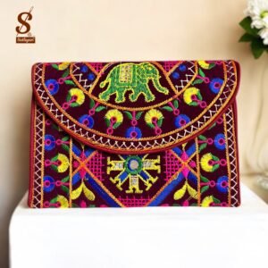 SUTLIYAN Women's Gujarati Handmade Elephant Embroidery Small Maroon Clutch Bag
