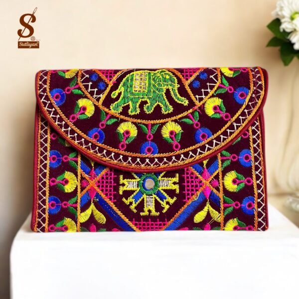 SUTLIYAN Women's Gujarati Handmade Elephant Embroidery Small Maroon Clutch Bag