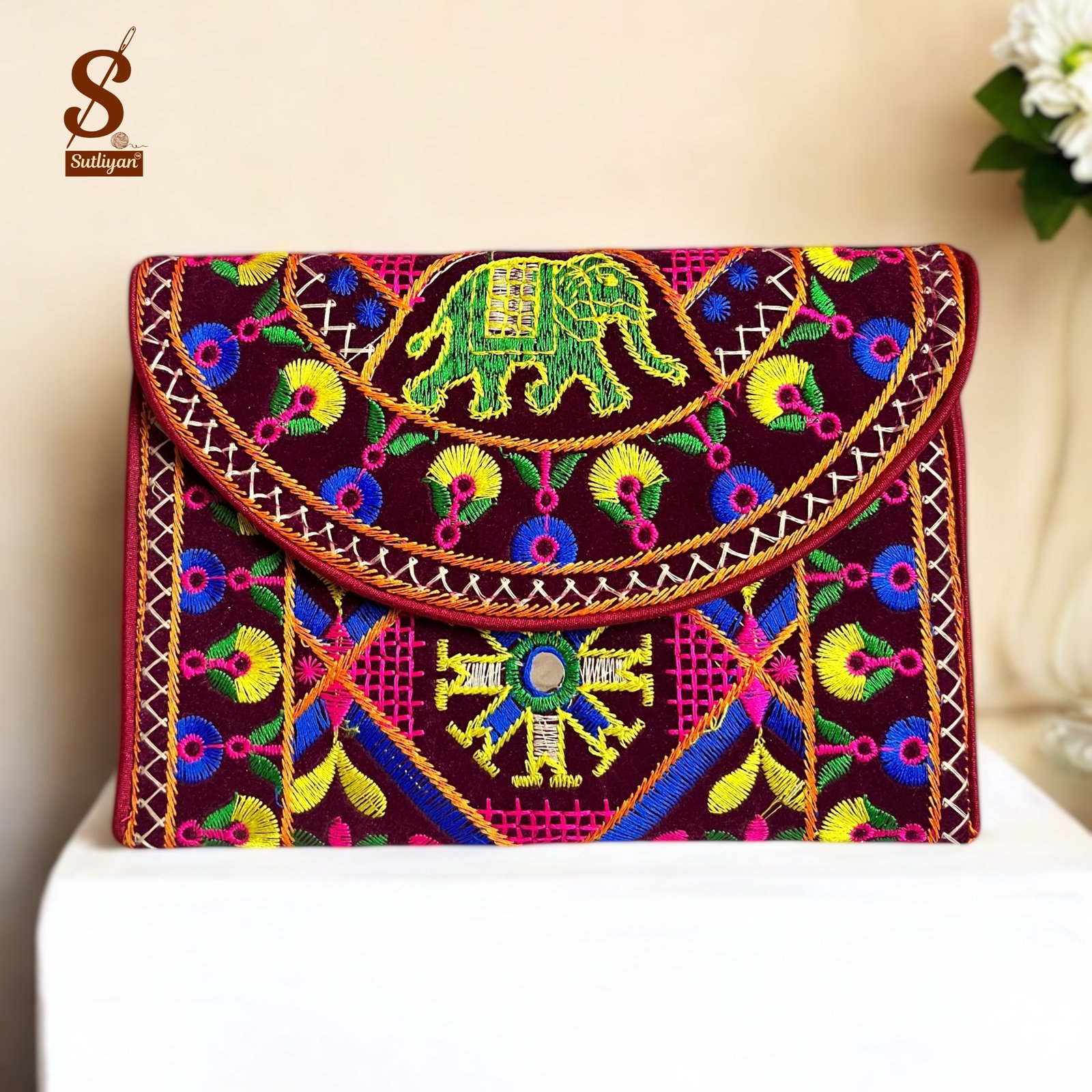 SUTLIYAN Women's Gujarati Handmade Elephant Embroidery Small Maroon Clutch Bag