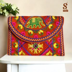 SUTLIYAN Women's Gujarati Handmade Elephant Embroidery Small Orange Clutch Bag