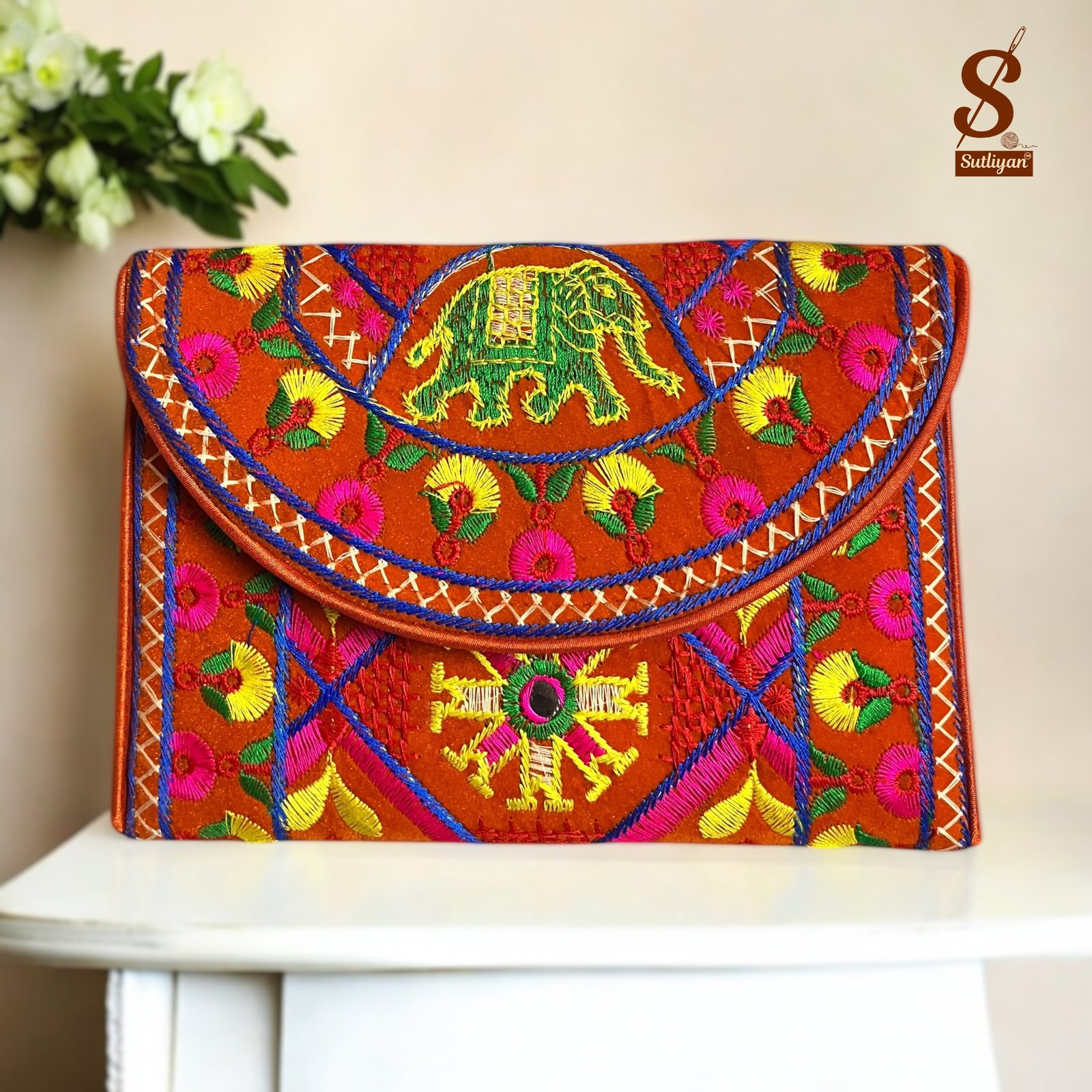 SUTLIYAN Women's Gujarati Handmade Elephant Embroidery Small Orange Clutch Bag