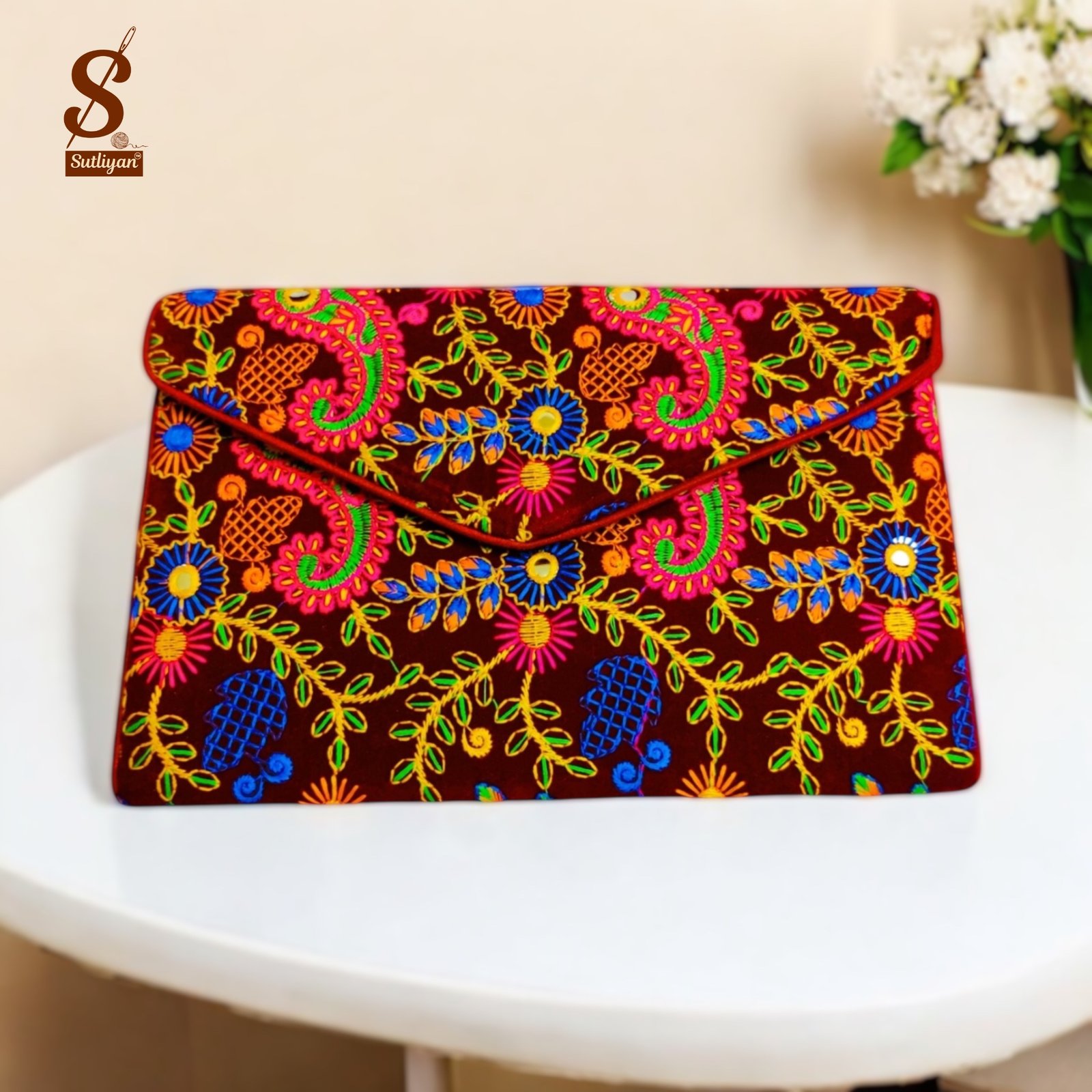 SUTLIYAN Women's Rajasthani Handmade Flower Embroidery Regular Maroon Clutch Bag