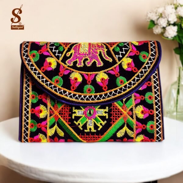 SUTLIYAN Women's Gujarati Handmade Elephant Embroidery Small Purple Clutch Bag