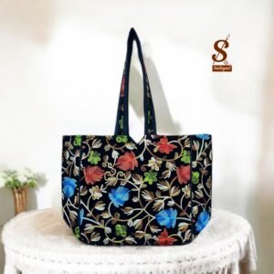 SUTLIYAN Women's Kashmiri Handmade Flower Embroidery Regular Black Tote Bag
