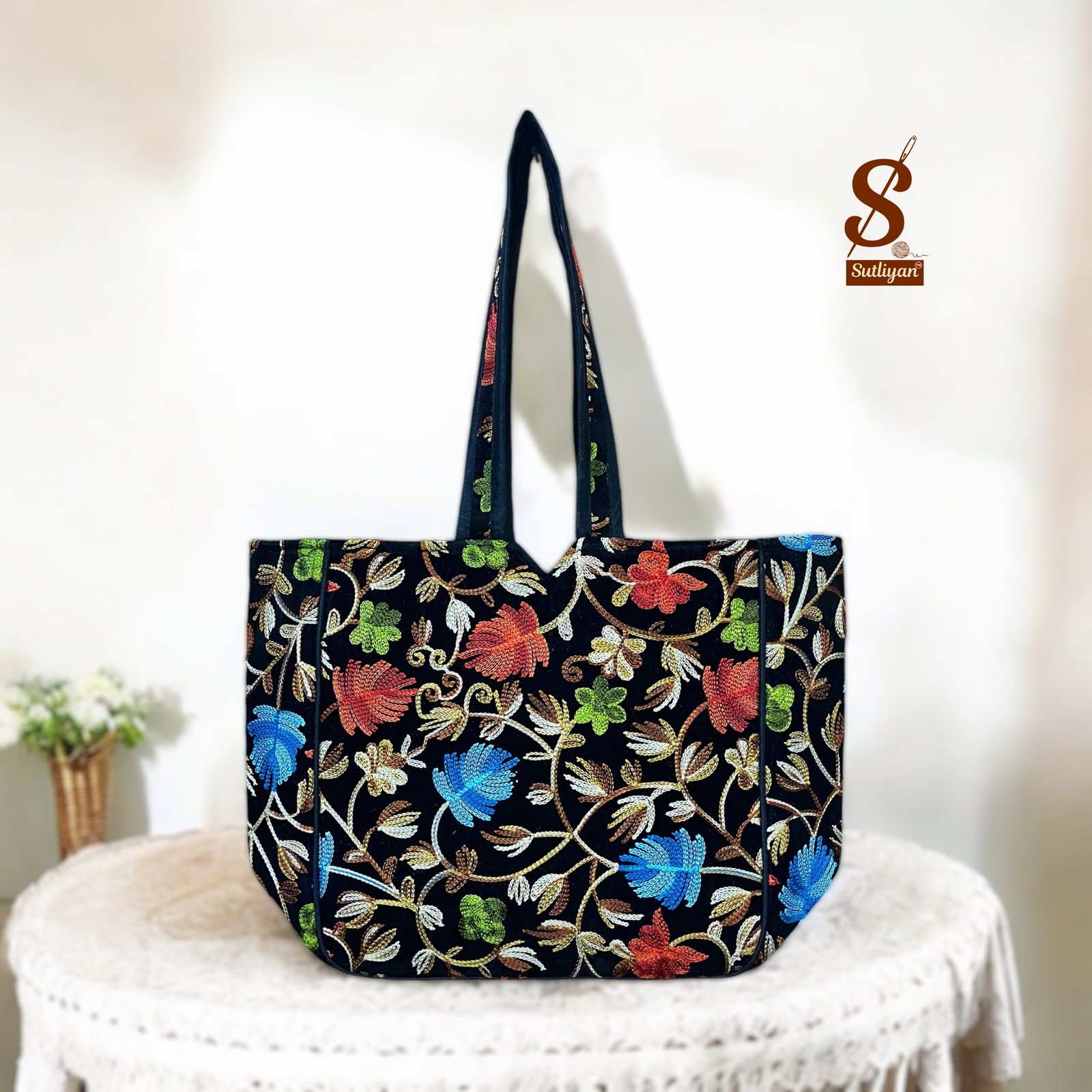 SUTLIYAN Women's Kashmiri Handmade Flower Embroidery Regular Black Tote Bag