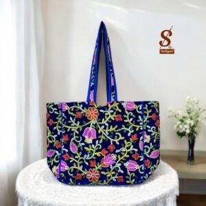 SUTLIYAN Women's Kashmiri Handmade Flower Embroidery Regular Blue Tote Bag
