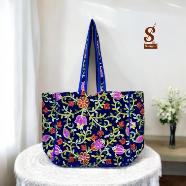 SUTLIYAN Women's Kashmiri Handmade Flower Embroidery Regular Blue Tote Bag
