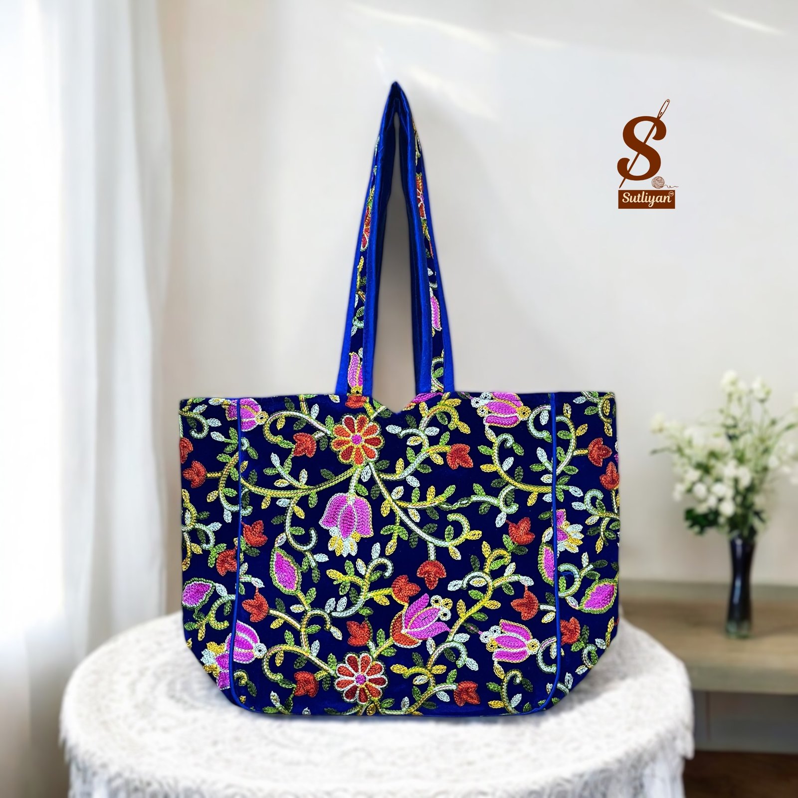 SUTLIYAN Women's Kashmiri Handmade Flower Embroidery Regular Blue Tote Bag