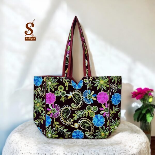 SUTLIYAN Women's Kashmiri Handmade Flower Embroidery Regular Maroon Tote Bag
