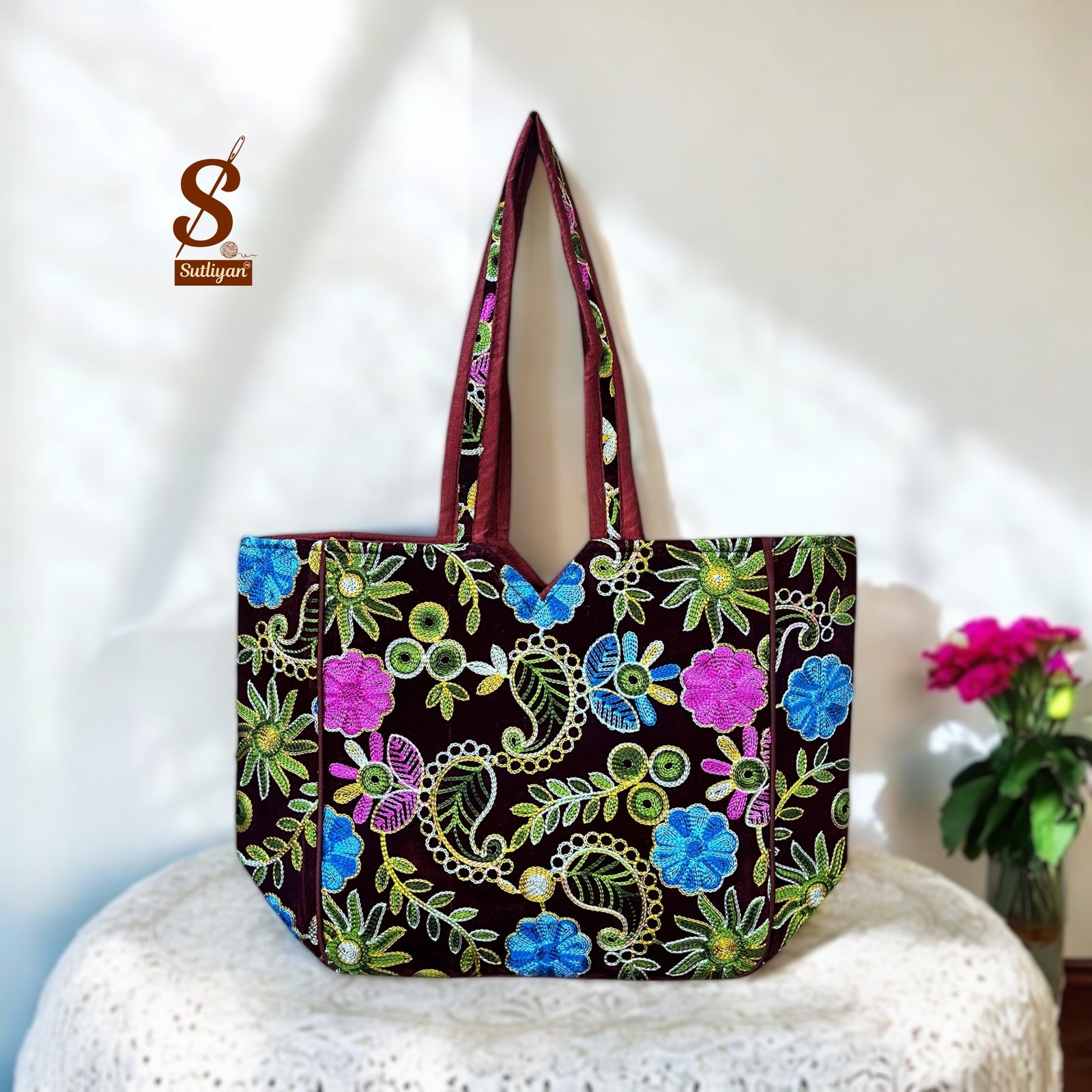 SUTLIYAN Women's Kashmiri Handmade Flower Embroidery Regular Maroon Tote Bag