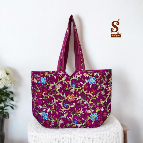 SUTLIYAN Women's Kashmiri Handmade Flower Embroidery Regular Pink Tote Bag
