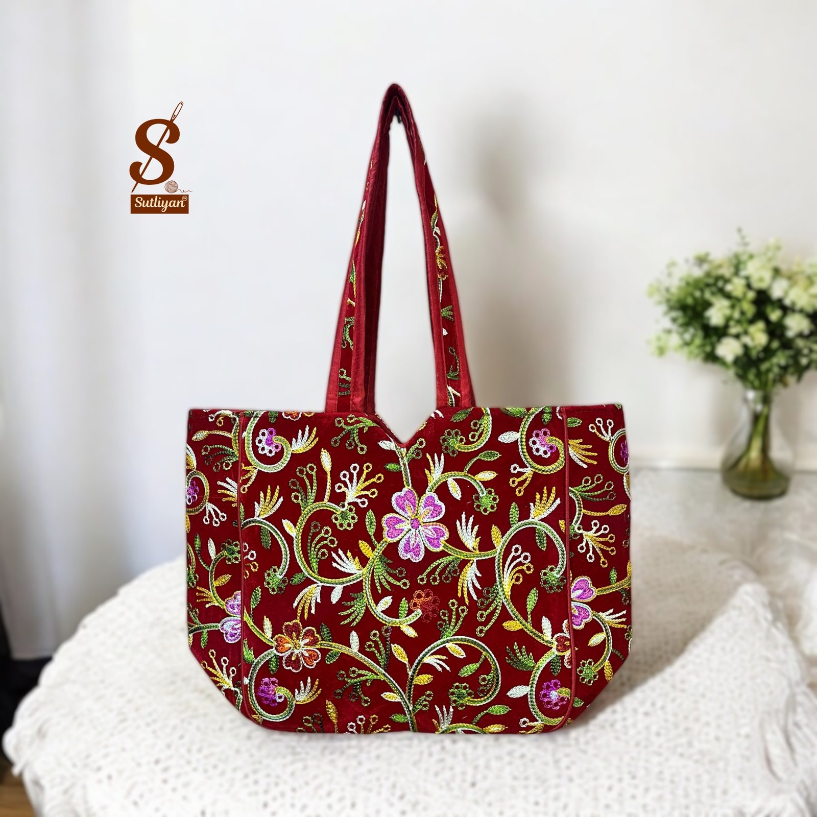 SUTLIYAN Women's Kashmiri Handmade Flower Embroidery Regular Red Tote Bag