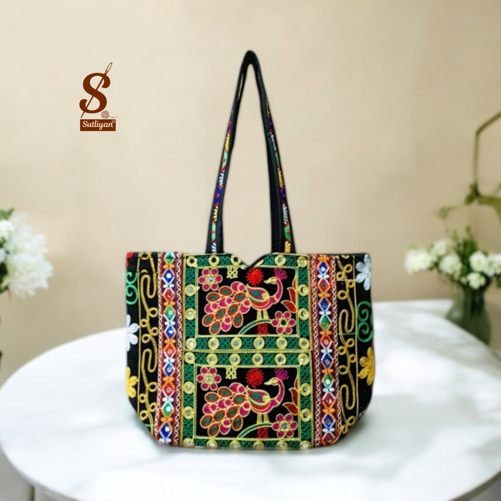 SUTLIYAN Women's Rajasthani Handmade Peacock Embroidery Regular Black Tote Bag