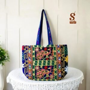 SUTLIYAN Women's Rajasthani Handmade Peacock Embroidery Regular Blue Tote Bag