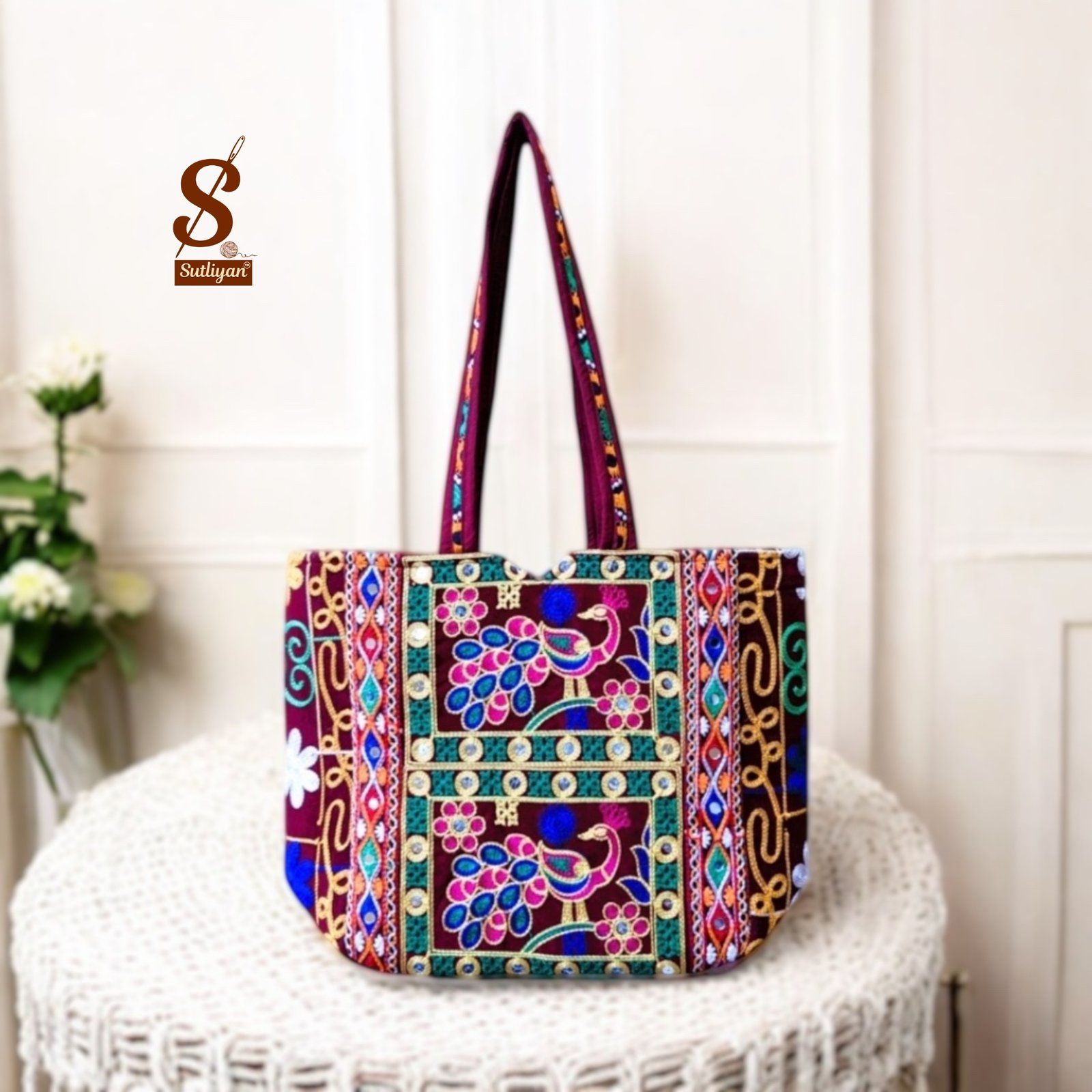 SUTLIYAN Women's Rajasthani Handmade Peacock Embroidery Regular Maroon Tote Bag
