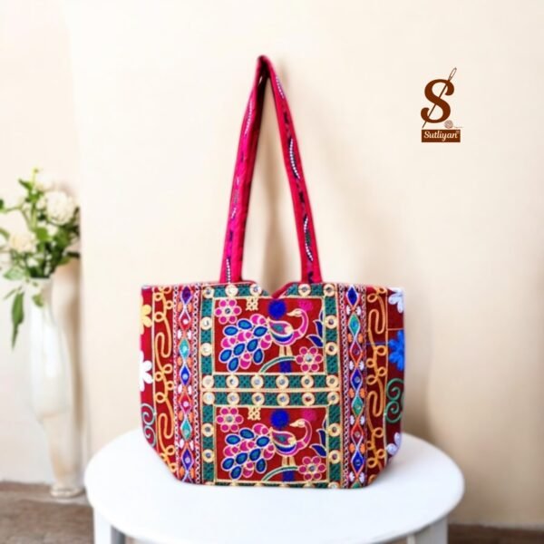 SUTLIYAN Women's Rajasthani Handmade Peacock Embroidery Regular Pink Tote Bag