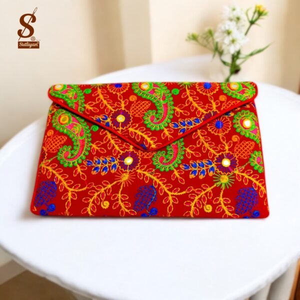 SUTLIYAN Women's Rajasthani Handmade Flower Embroidery Regular Red Clutch Bag
