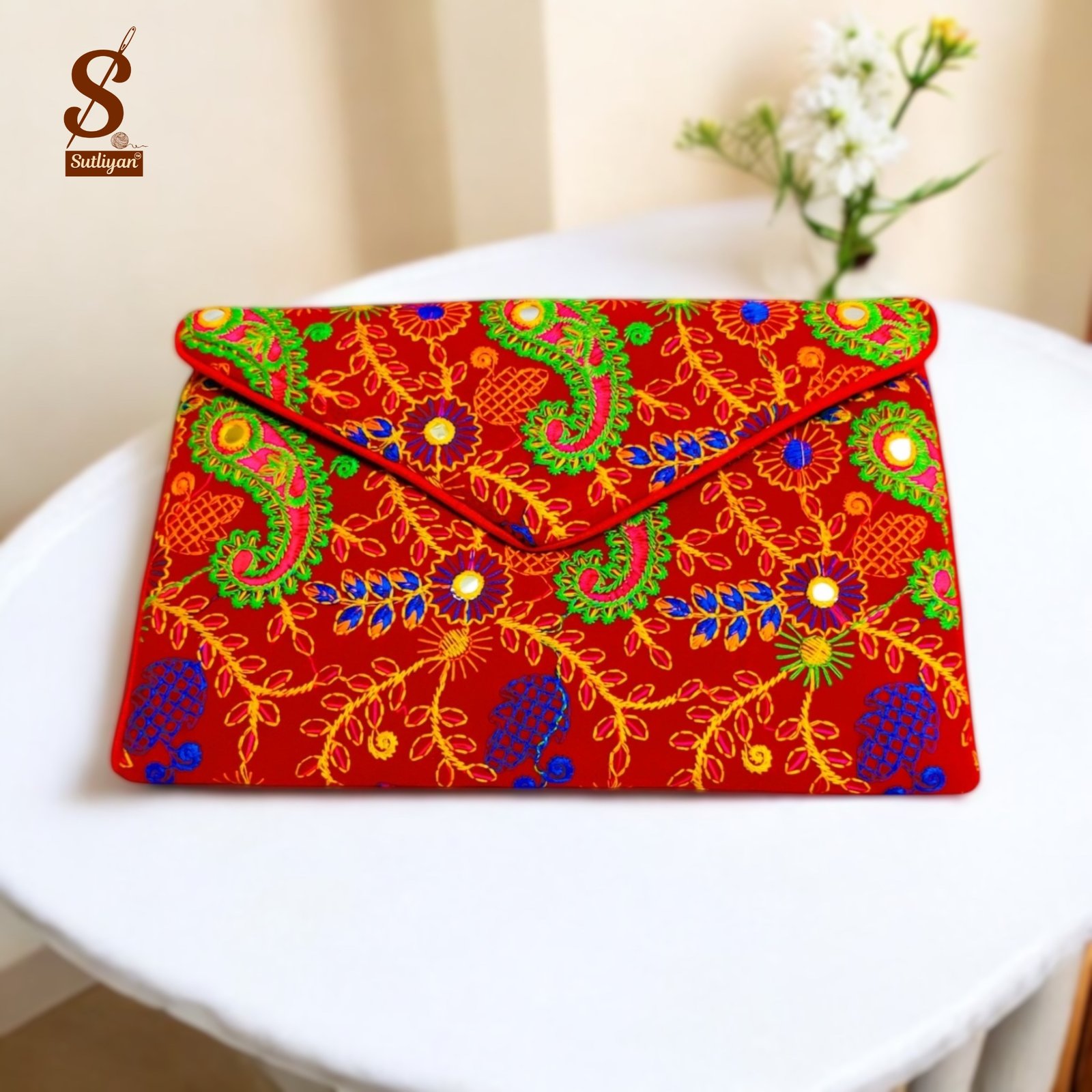 SUTLIYAN Women's Rajasthani Handmade Flower Embroidery Regular Red Clutch Bag