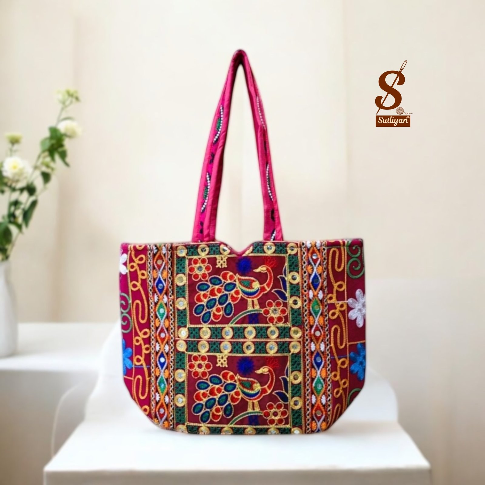 SUTLIYAN Women's Rajasthani Handmade Peacock Embroidery Regular Red Tote Bag