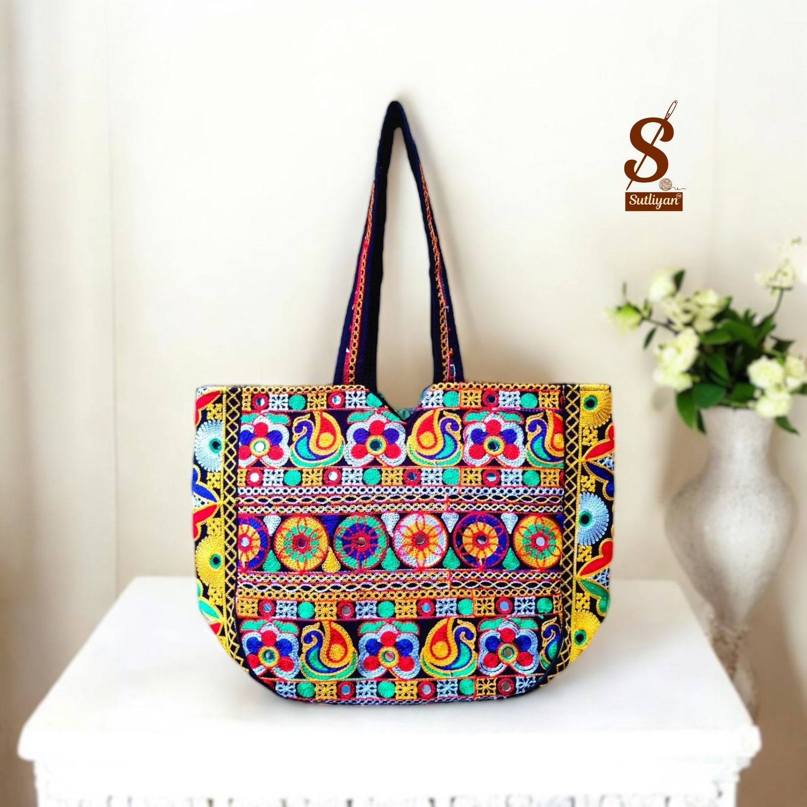 SUTLIYAN Women's Gujarati Handmade Flower Embroidery Large Black Tote Bag