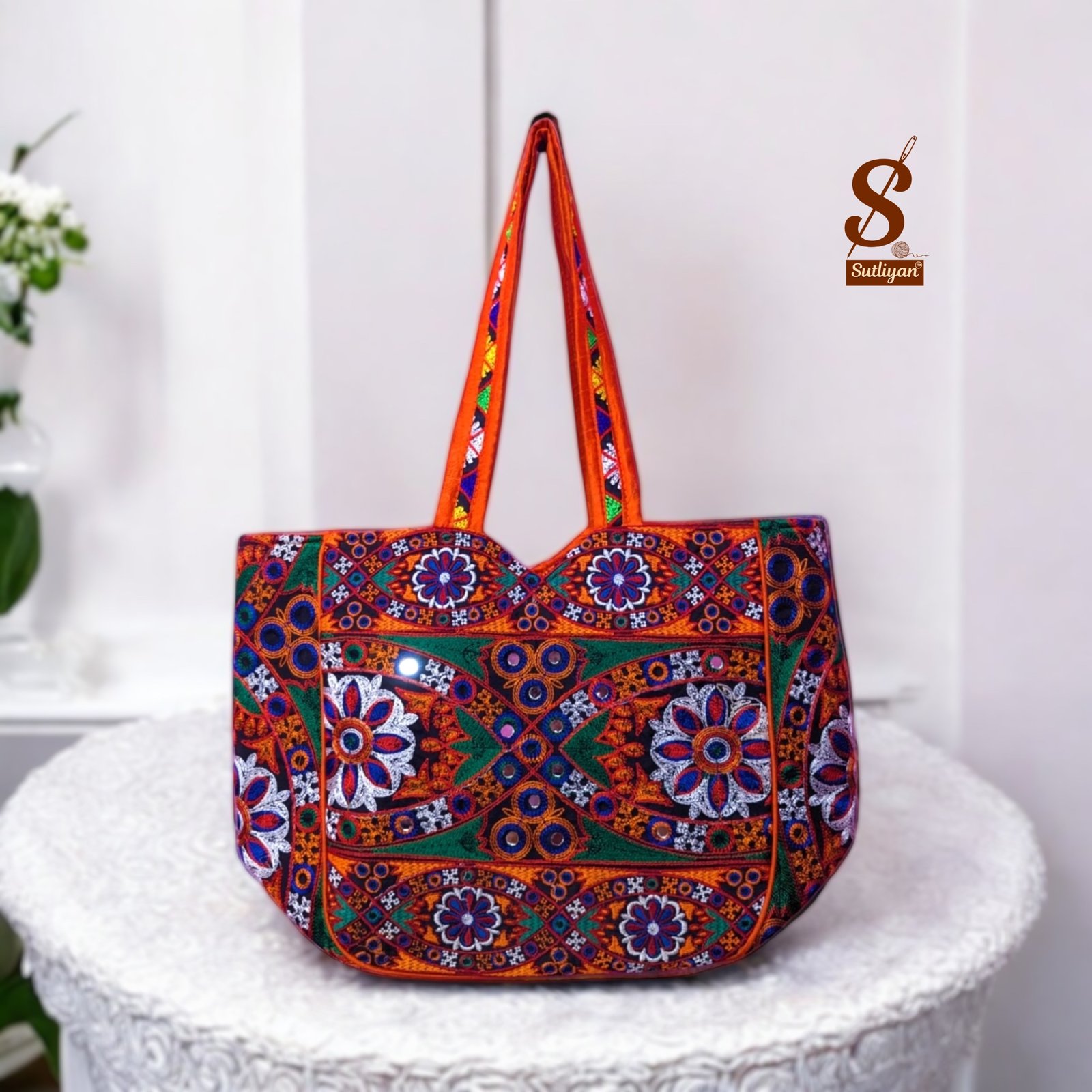SUTLIYAN Women's Gujarati Handmade Mirror Work Regular Orange Tote Bag