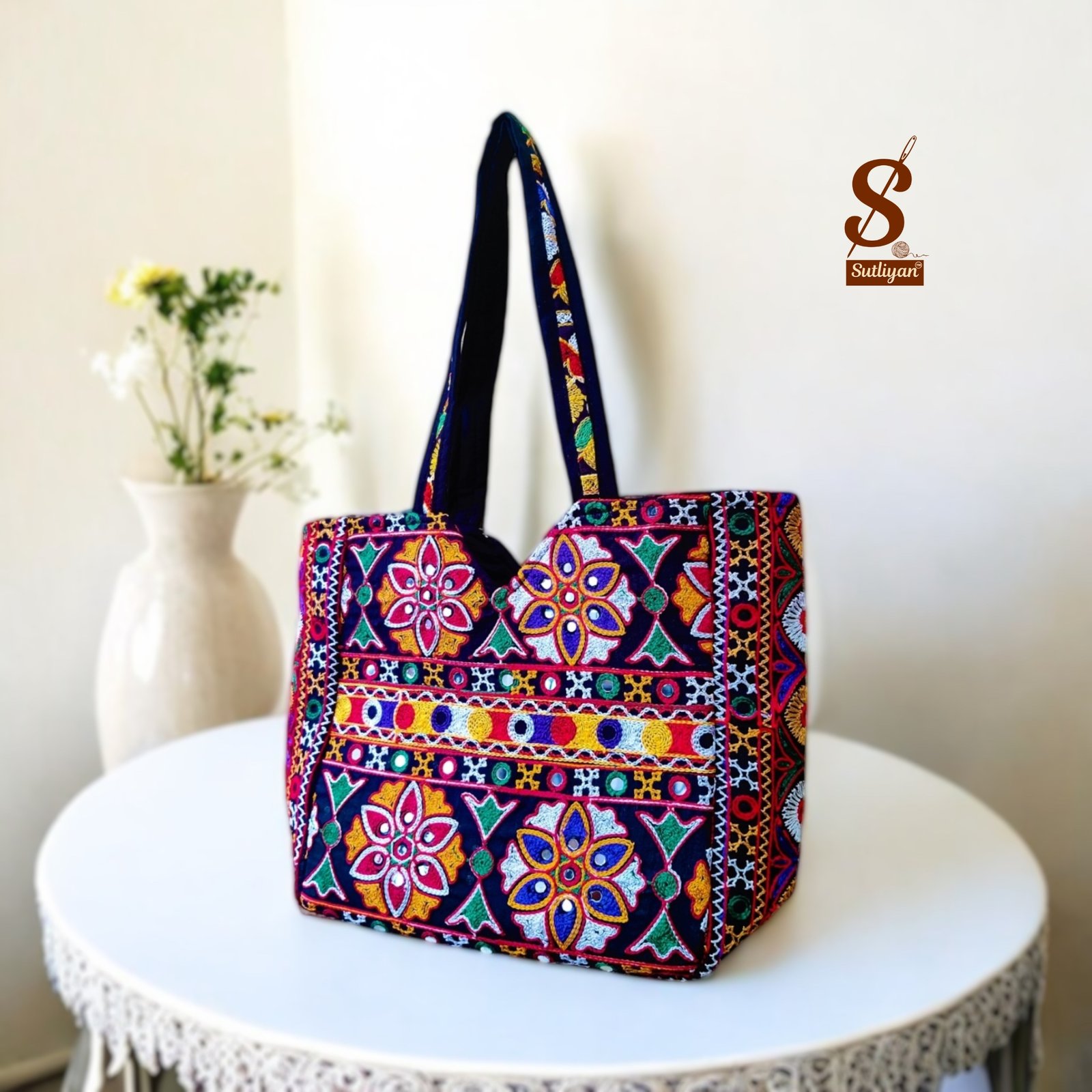 SUTLIYAN Women's Gujarati Handmade Flower Embroidery Regular Black Tote Bag