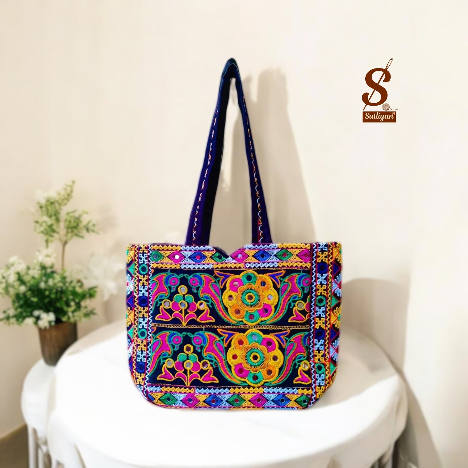 SUTLIYAN Women's Rajasthani Handmade Mirror Work Regular Black Tote Bag