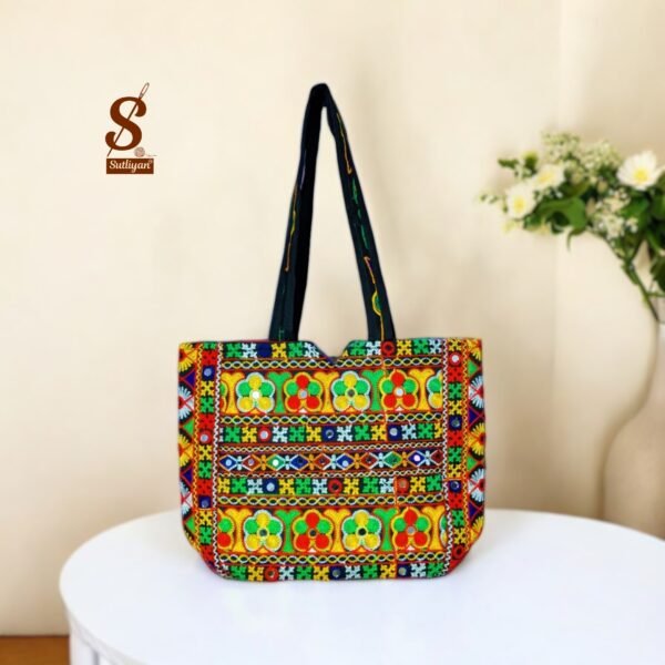 SUTLIYAN Women's Jaipuri Handmade Flower Embroidery Regular Black Tote Bag