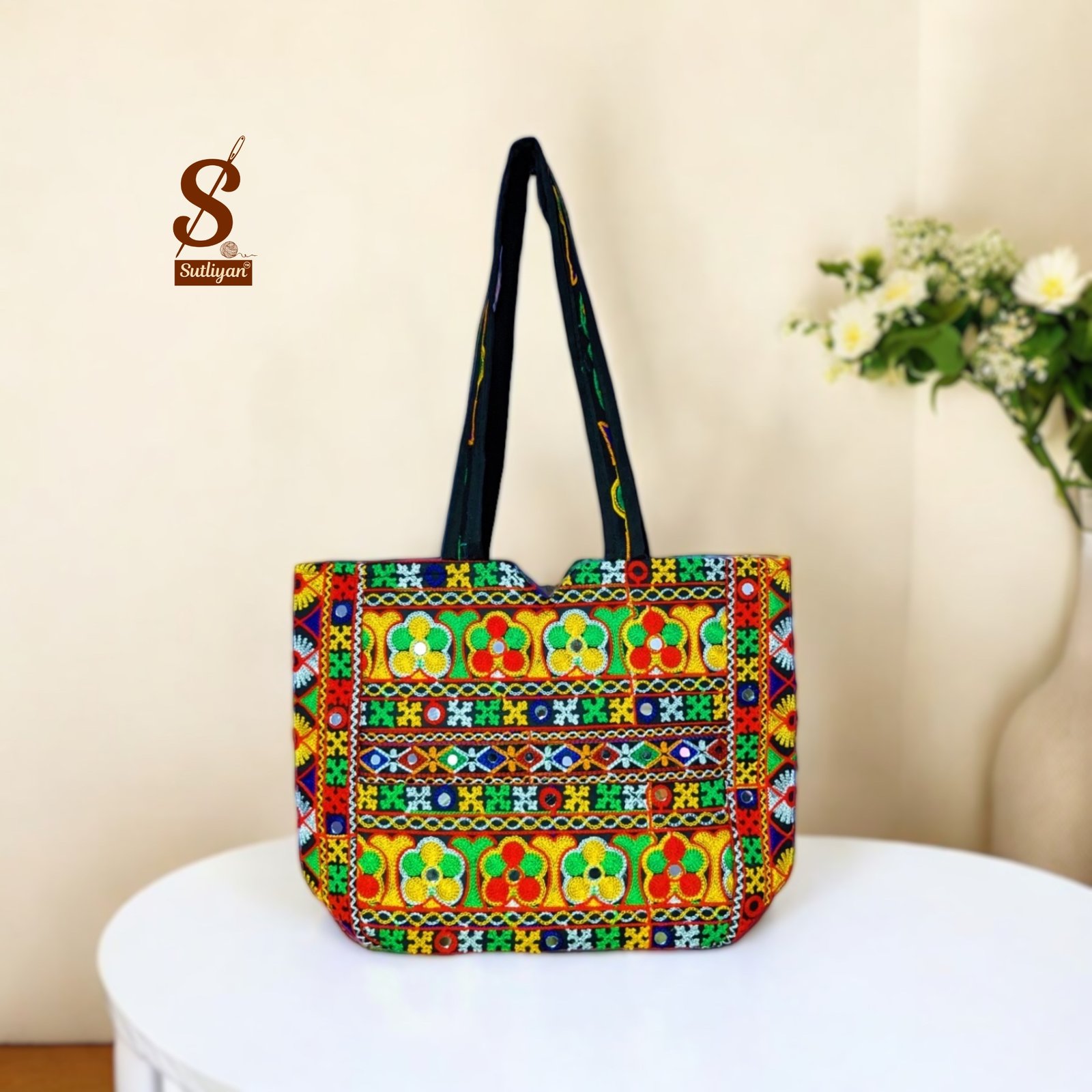 SUTLIYAN Women's Jaipuri Handmade Flower Embroidery Regular Black Tote Bag