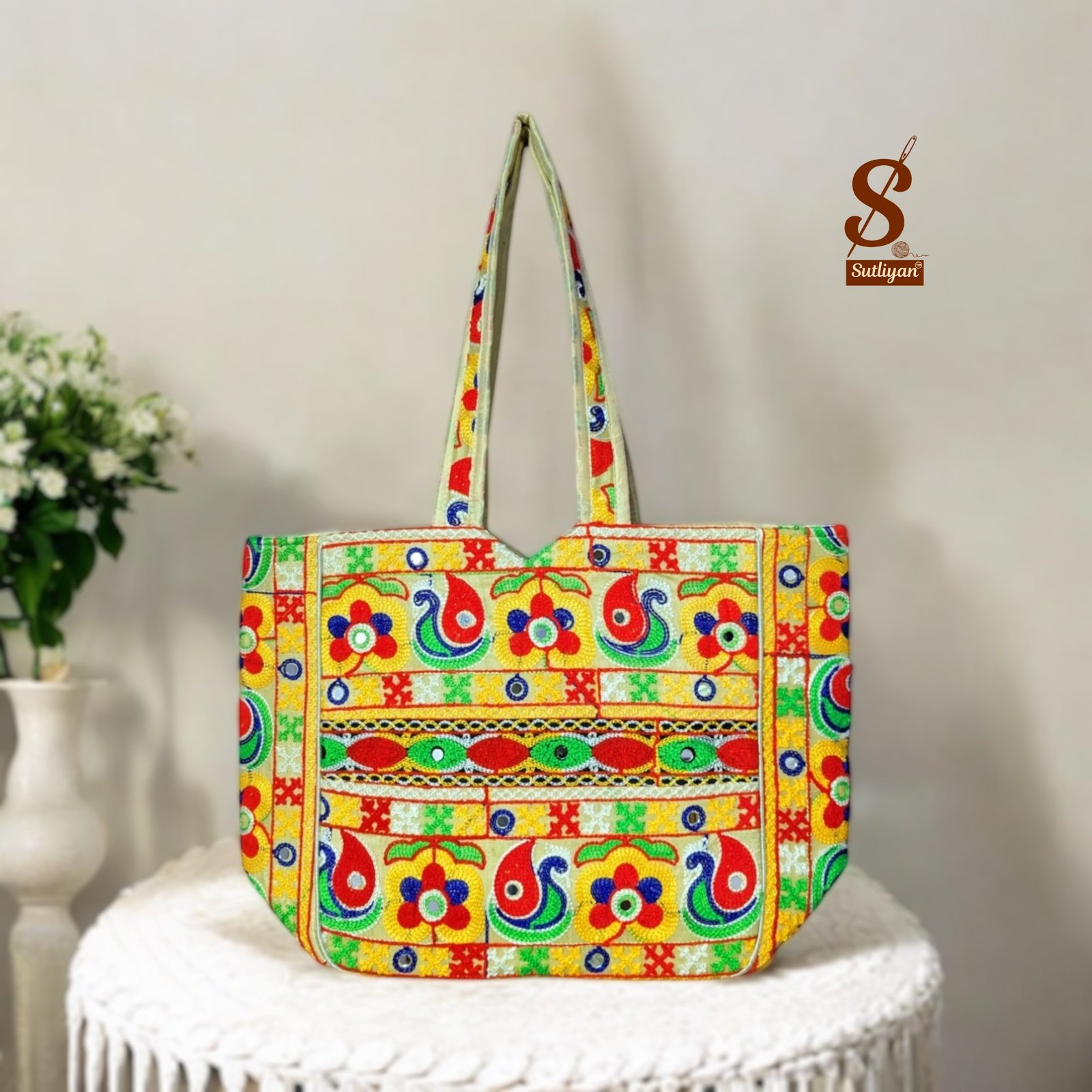 SUTLIYAN Women's Rajasthani Handmade Flower Embroidery Regular Beige Tote Bag