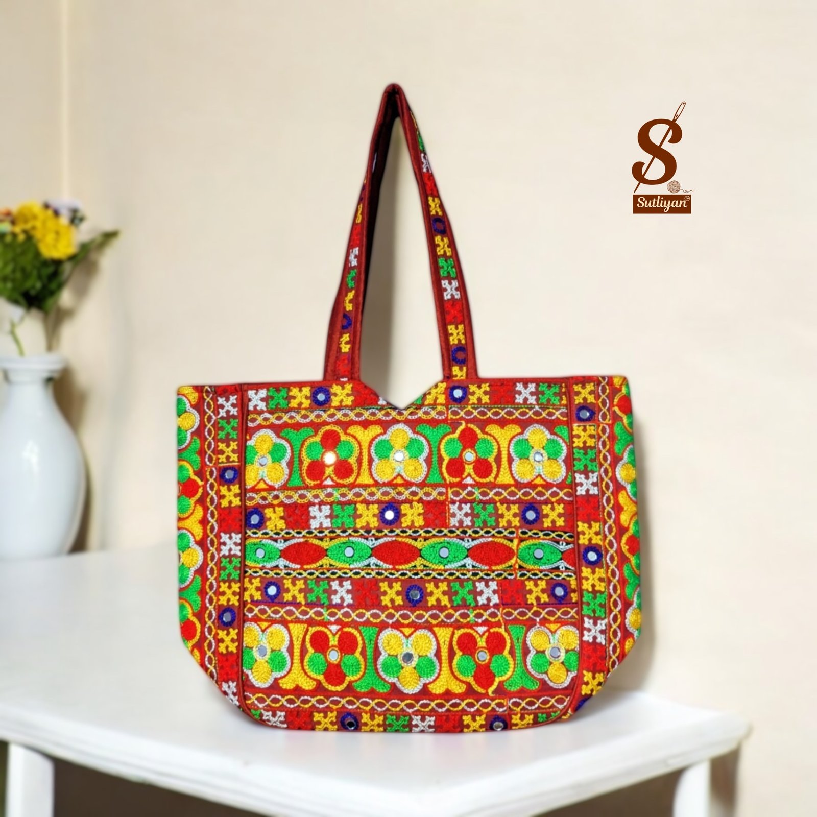 SUTLIYAN Women's Rajasthani Handmade Flower Embroidery Regular Red Tote Bag